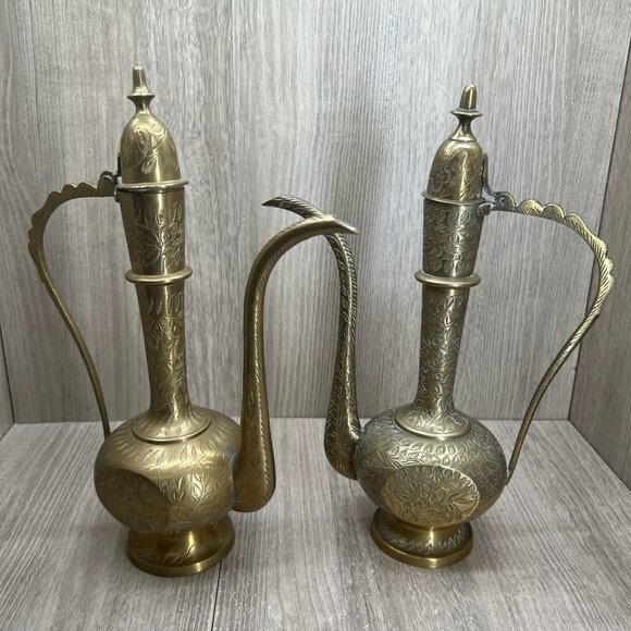 Vtg Brass Aftaba Dallah Ewer Engraved Tea Coffee Pot Decor Indian Set of 2 Gold - Picture 1 of 16